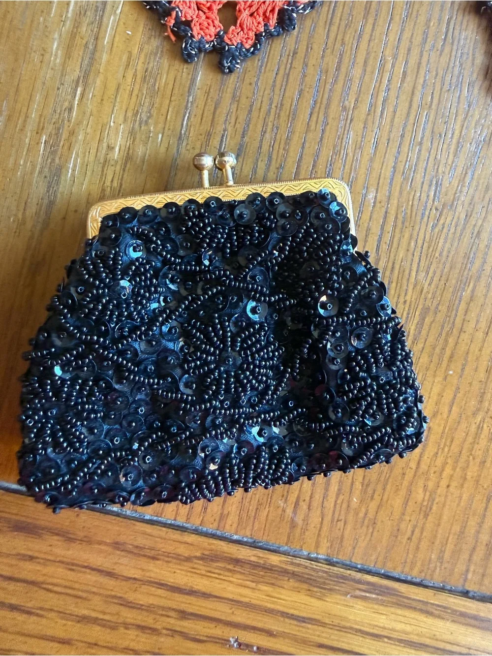Vintage 1960s JEM Black Beaded Sequin Kiss Lock Coin Purse